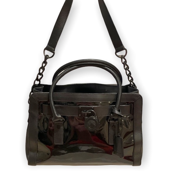 Michael Kors East West Hamilton Frame Black Patent Leather Satchel - Picture 2 of 9